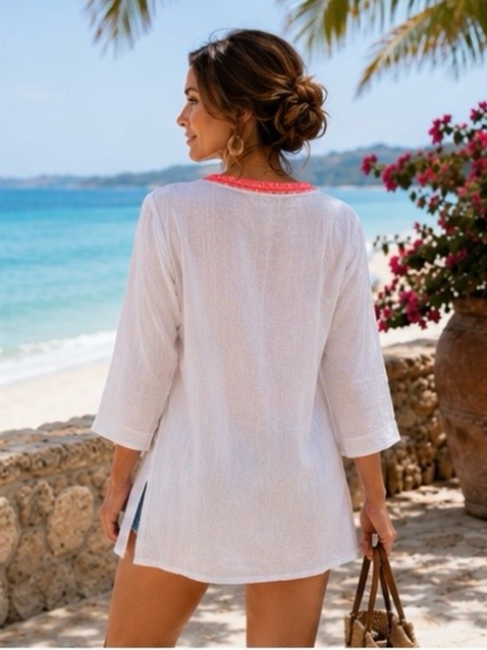 Lilly Pulitzer White Tunic Cover-Up with Coral Pink V-Neck Trim - Picture 5 of 8